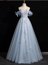 Blue Tulle Off the Shoulder Flower Pearls Prom Dress